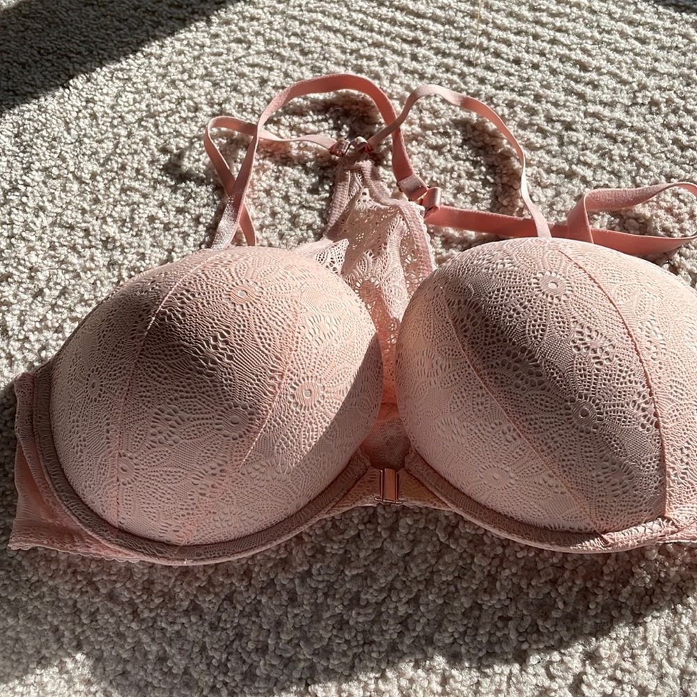 Victoria Secret 36D Bombshell Racer Back Bra.  The color is peach